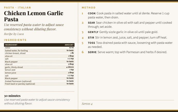 Chicken Lemon Garlic Pasta recipe card