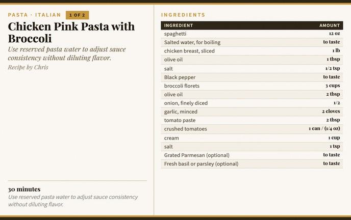 Chicken Pink Pasta with Broccoli recipe card