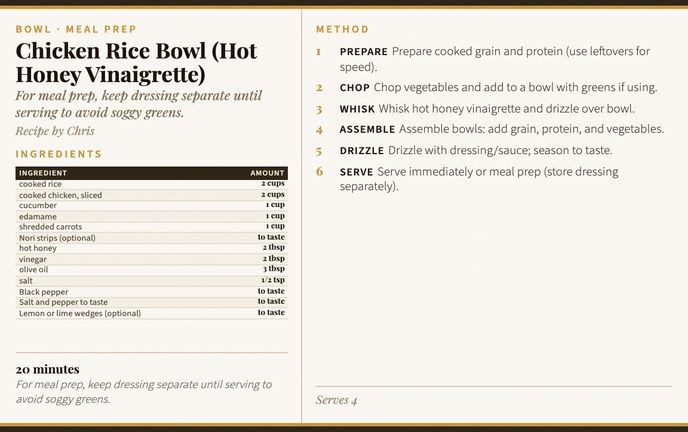 Chicken Rice Bowl (Hot Honey Vinaigrette) recipe card