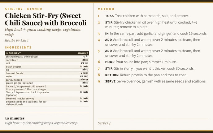 Chicken Stir-Fry (Sweet Chili Sauce) with Broccoli recipe card