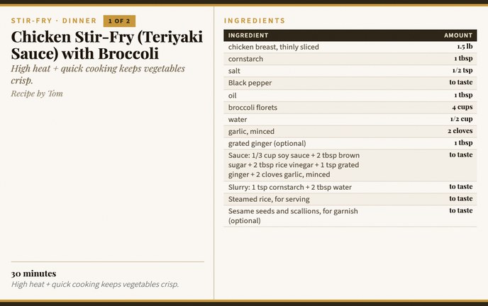 Chicken Stir-Fry (Teriyaki Sauce) with Broccoli recipe card