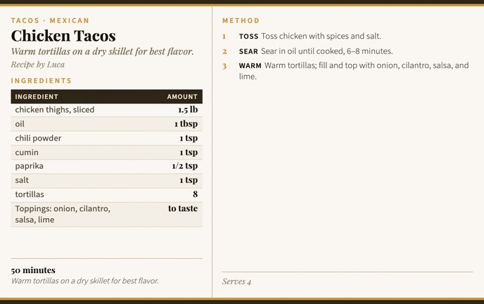 Chicken Tacos recipe card