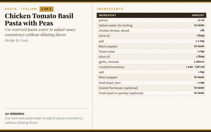 Chicken Tomato Basil Pasta with Peas recipe card