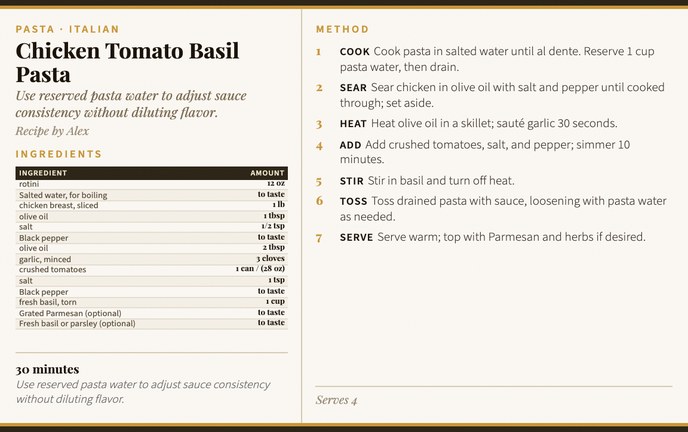 Chicken Tomato Basil Pasta recipe card