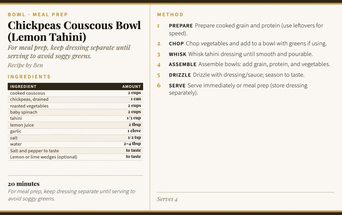 Chickpeas Couscous Bowl (Lemon Tahini) recipe card