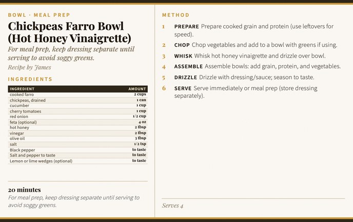 Chickpeas Farro Bowl (Hot Honey Vinaigrette) recipe card