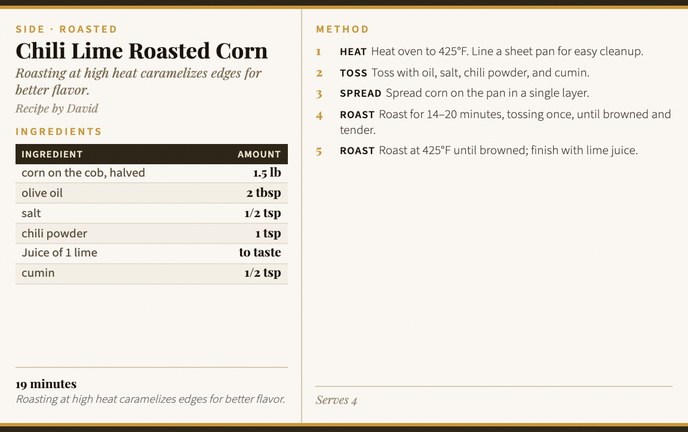Chili Lime Roasted Corn recipe card