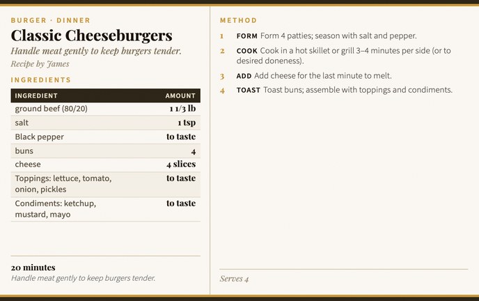 Classic Cheeseburgers recipe card