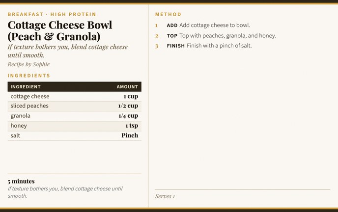 Cottage Cheese Bowl (Peach & Granola) recipe card
