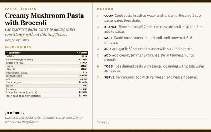 Creamy Mushroom Pasta with Broccoli recipe card