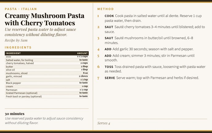 Creamy Mushroom Pasta with Cherry Tomatoes recipe card