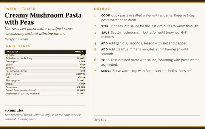 Creamy Mushroom Pasta with Peas recipe card