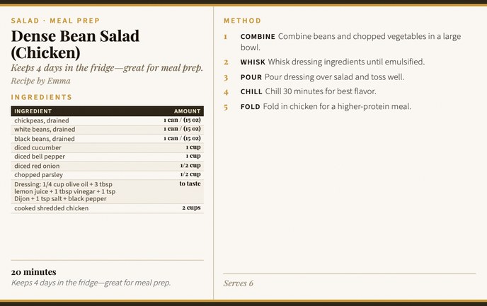 Dense Bean Salad (Chicken) recipe card