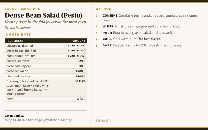 Dense Bean Salad (Pesto) recipe card