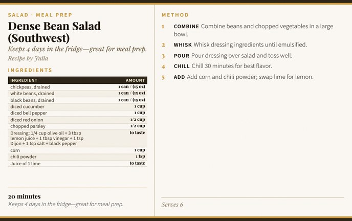 Dense Bean Salad (Southwest) recipe card