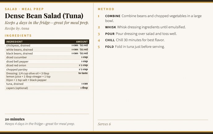 Dense Bean Salad (Tuna) recipe card