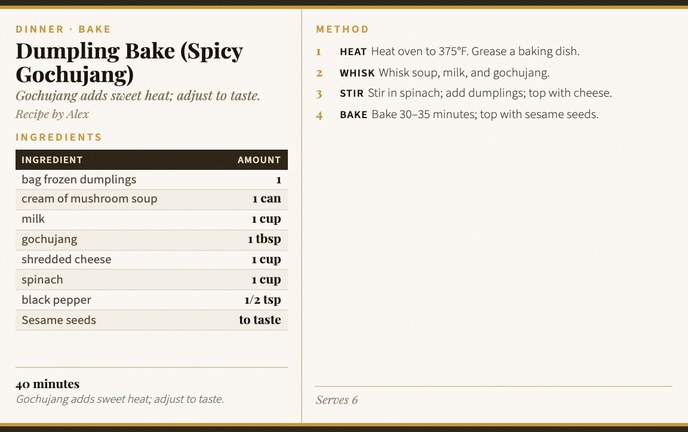 Dumpling Bake (Spicy Gochujang) recipe card