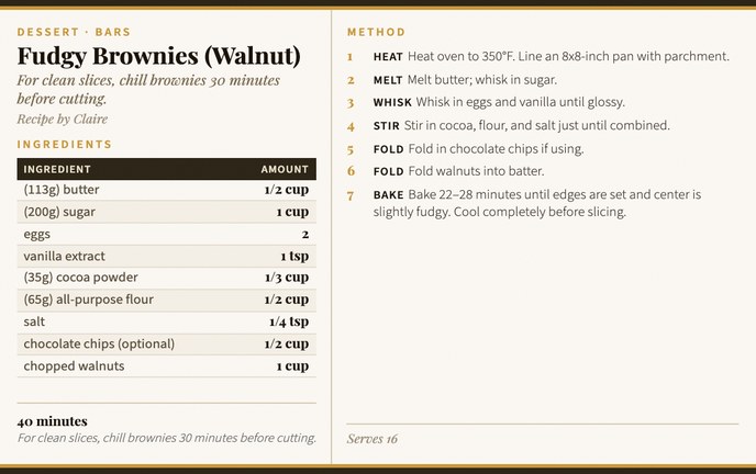 Fudgy Brownies (Walnut) recipe card