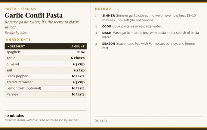 Garlic Confit Pasta recipe card