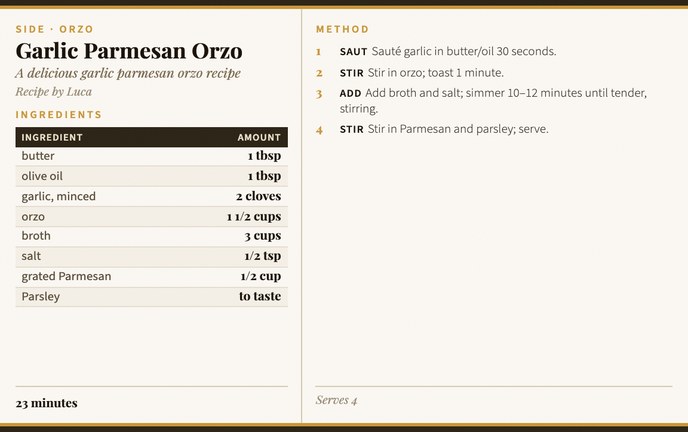 Garlic Parmesan Orzo recipe card