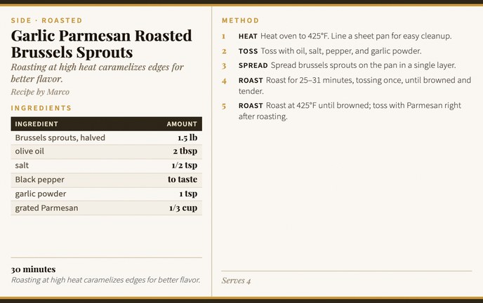 Garlic Parmesan Roasted Brussels Sprouts recipe card
