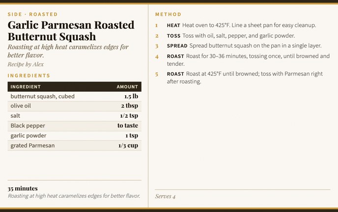 Garlic Parmesan Roasted Butternut Squash recipe card