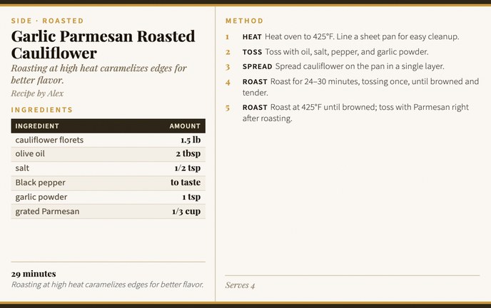 Garlic Parmesan Roasted Cauliflower recipe card