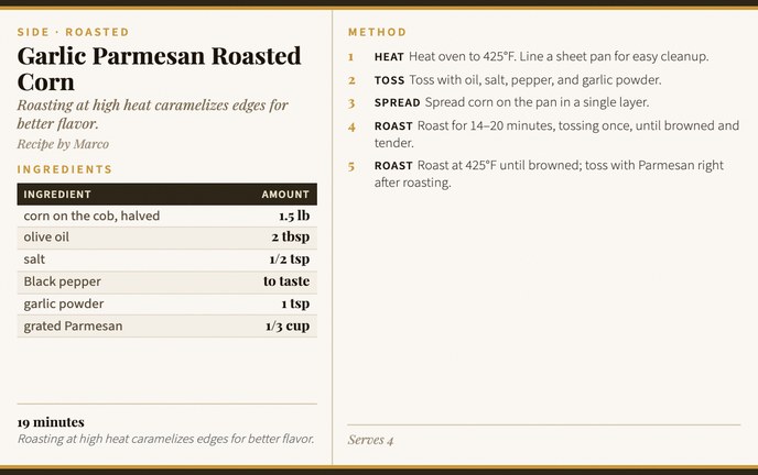 Garlic Parmesan Roasted Corn recipe card