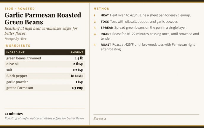 Garlic Parmesan Roasted Green Beans recipe card