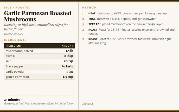 Garlic Parmesan Roasted Mushrooms recipe card