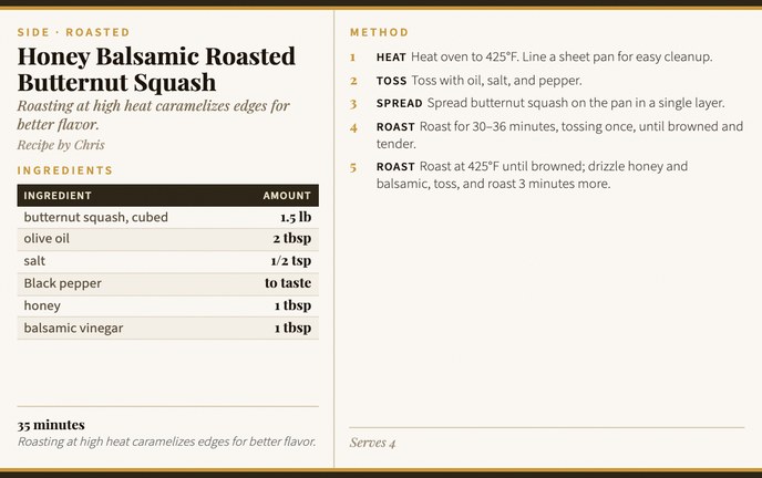 Honey Balsamic Roasted Butternut Squash recipe card