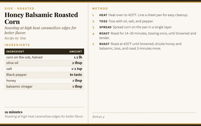 Honey Balsamic Roasted Corn recipe card