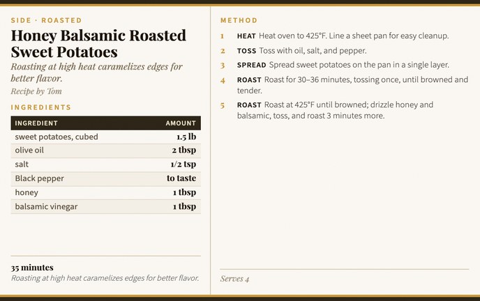 Honey Balsamic Roasted Sweet Potatoes recipe card