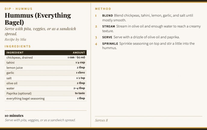 Hummus (Everything Bagel) recipe card