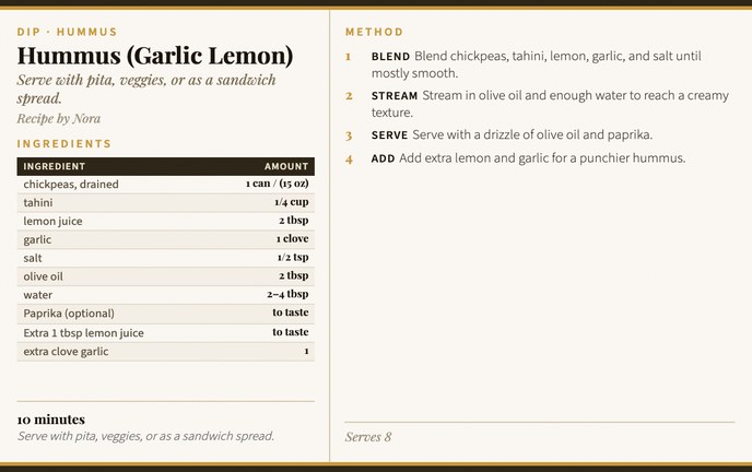 Hummus (Garlic Lemon) recipe card