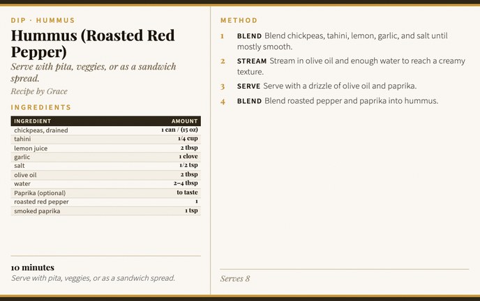 Hummus (Roasted Red Pepper) recipe card