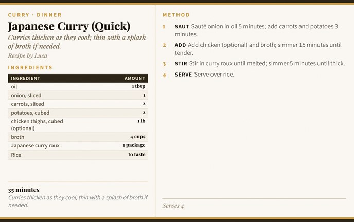 Japanese Curry (Quick) recipe card