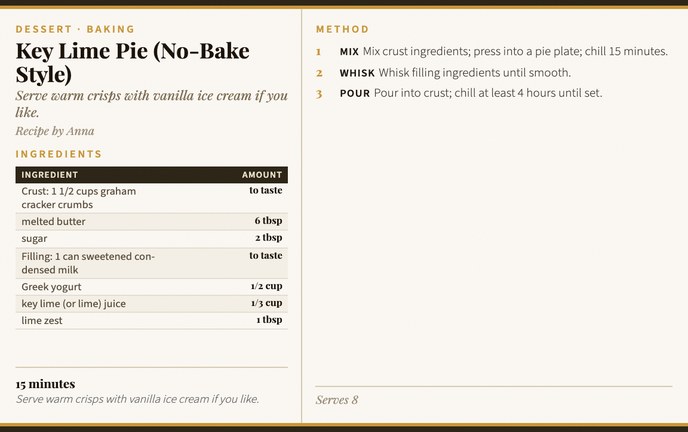 Key Lime Pie (No-Bake Style) recipe card