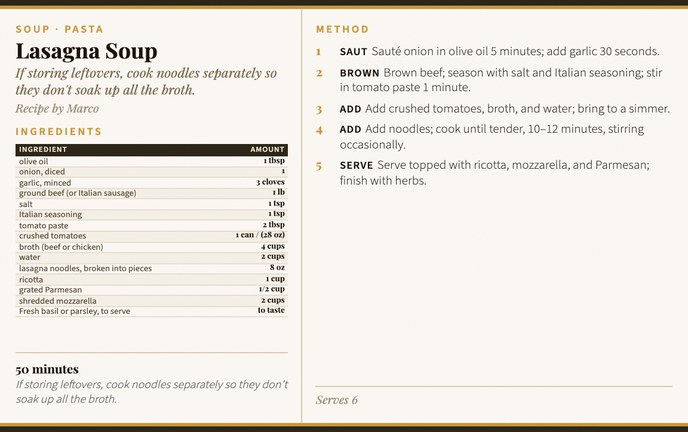 Lasagna Soup recipe card