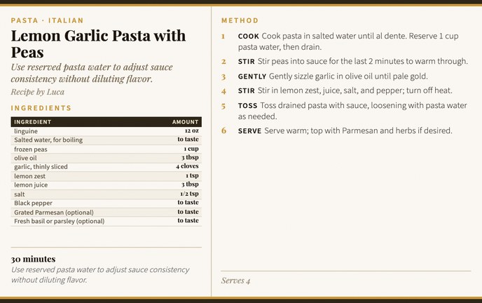 Lemon Garlic Pasta with Peas recipe card