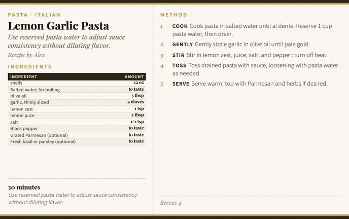 Lemon Garlic Pasta recipe card