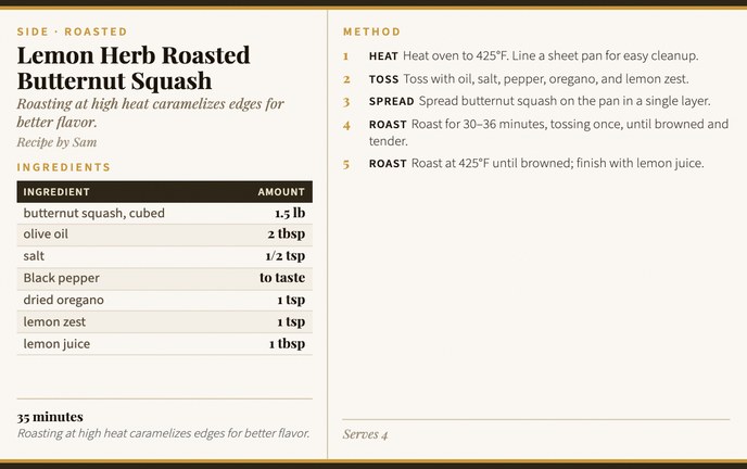 Lemon Herb Roasted Butternut Squash recipe card