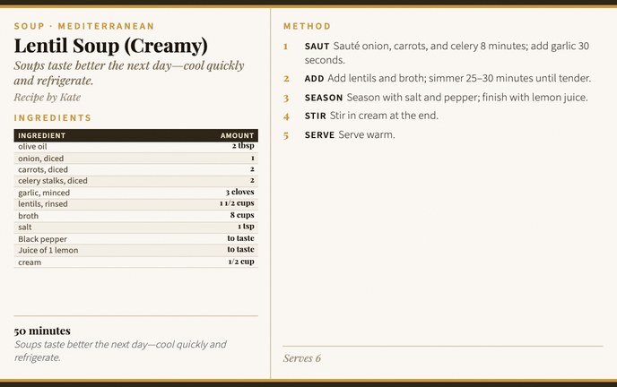 Lentil Soup (Creamy) recipe card