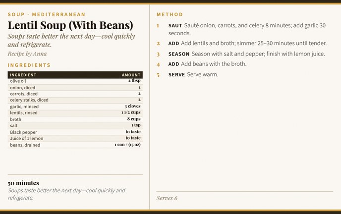 Lentil Soup (With Beans) recipe card