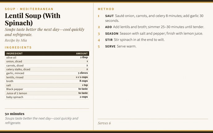 Lentil Soup (With Spinach) recipe card