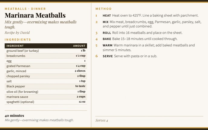 Marinara Meatballs recipe card