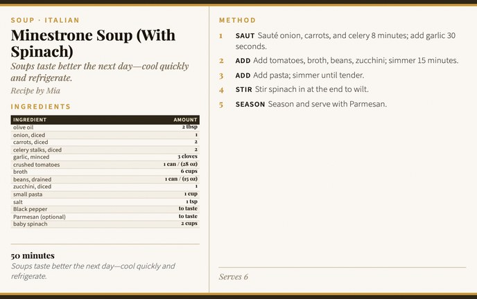 Minestrone Soup (With Spinach) recipe card