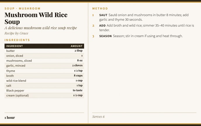 Mushroom Wild Rice Soup recipe card