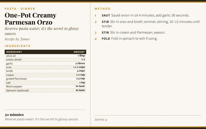 One-Pot Creamy Parmesan Orzo recipe card