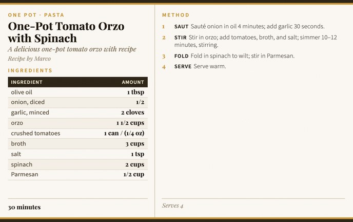 One-Pot Tomato Orzo with Spinach recipe card